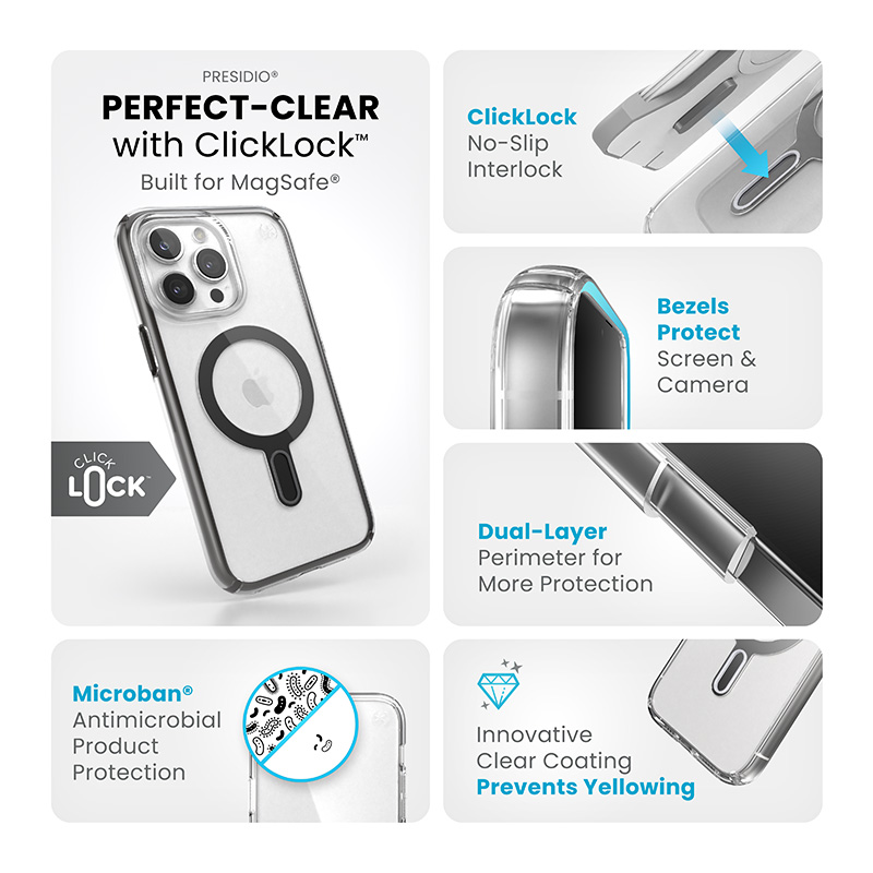 coque iphone 15 pro max presidio perfect clear clicklock magsafe speck noir givré