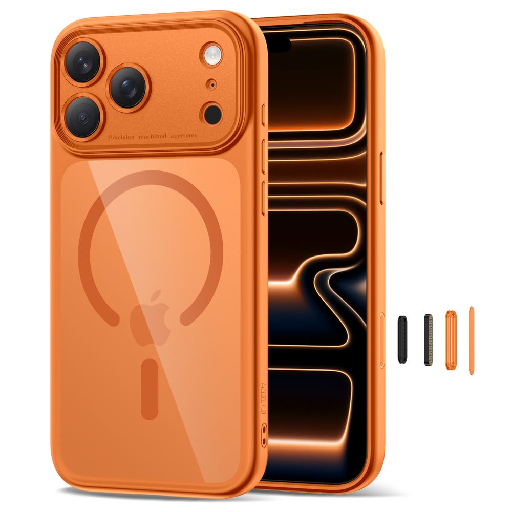 coque magpeak magsafe cc pour iphone 17 pro tech protect orange cosmique/transparent