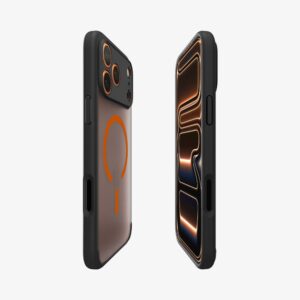 coque ultra hybrid mag magsafe pour iphone 17 pro spigen noir givré/orange