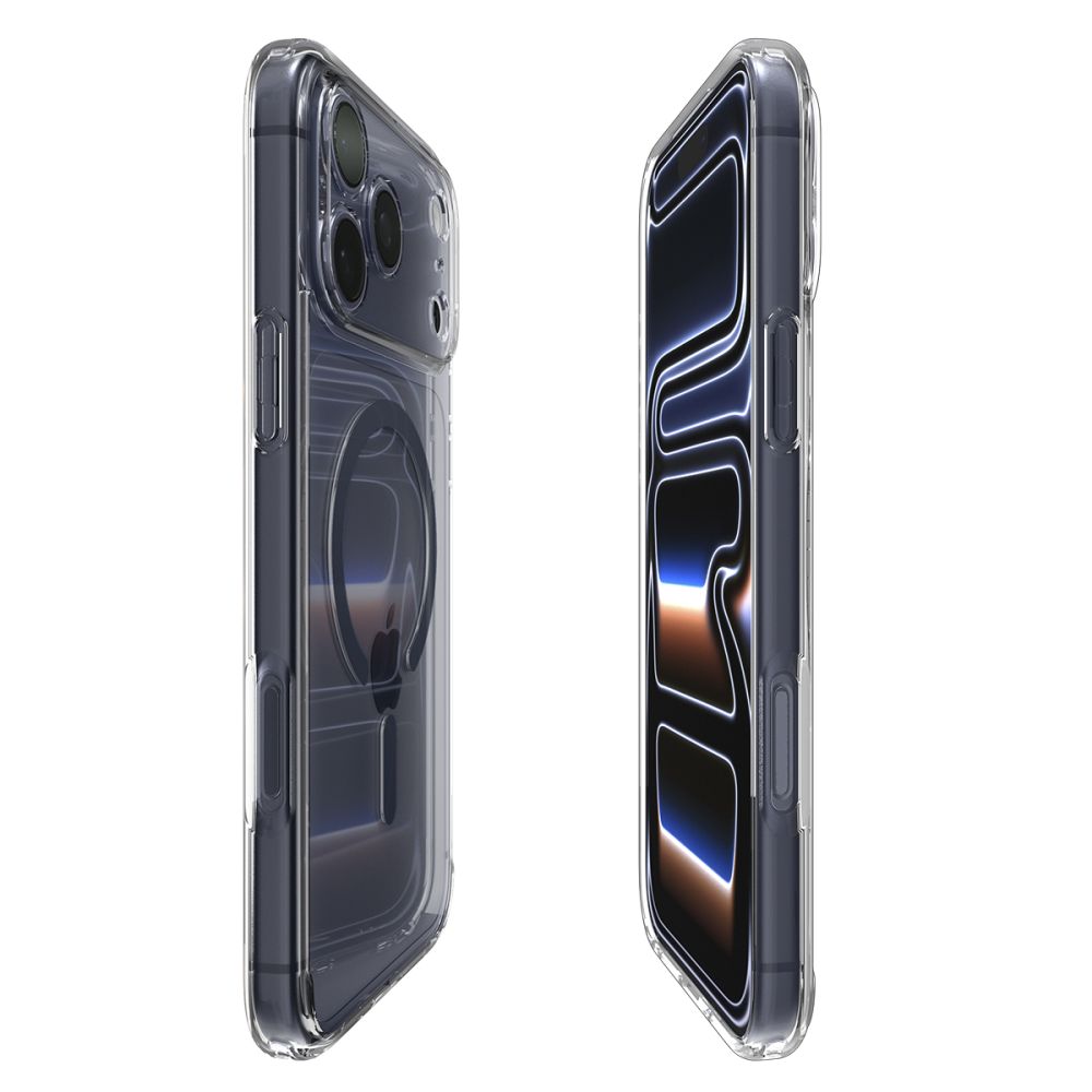 coque ultra hybrid mag magsafe pour iphone 17 pro spigen transparent/bleu profond