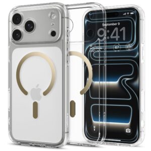 coque ultra hybrid mag magsafe pour iphone 17 pro spigen transparent/or