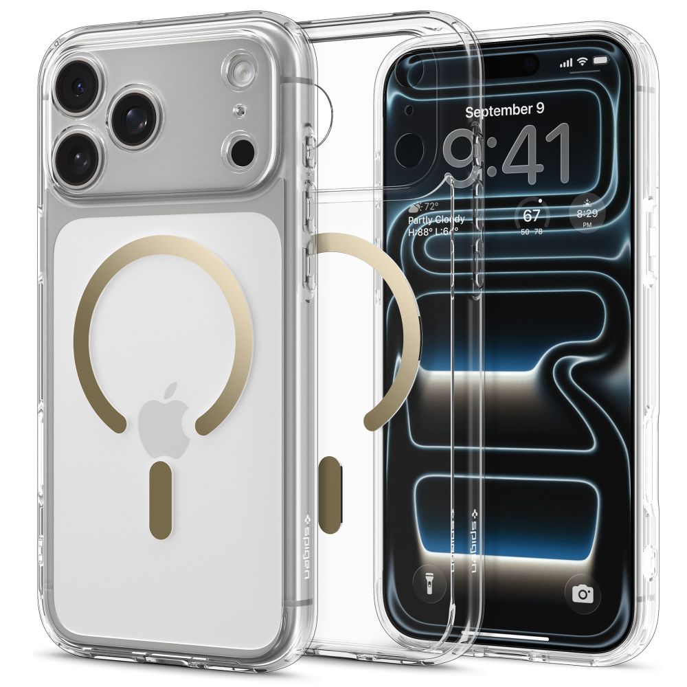 coque ultra hybrid mag magsafe pour iphone 17 pro spigen transparent/or