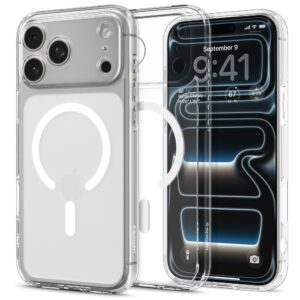 coque ultra hybrid mag magsafe pour iphone 17 pro spigen blanc givré