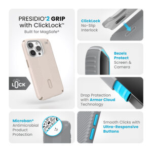 coque iphone 15 pro presidio2 grip clicklock magsafe speck beige