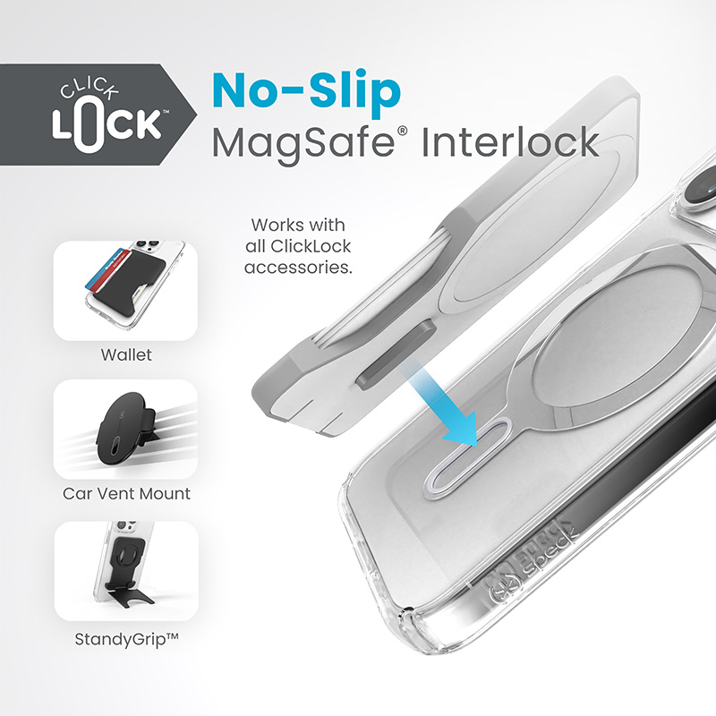 coque iphone 15 pro presidio perfect clear clicklock magsafe speck argent