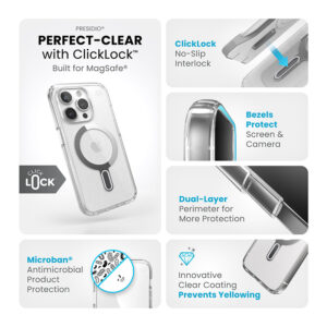 coque iphone 15 pro presidio perfect clear clicklock magsafe speck argent
