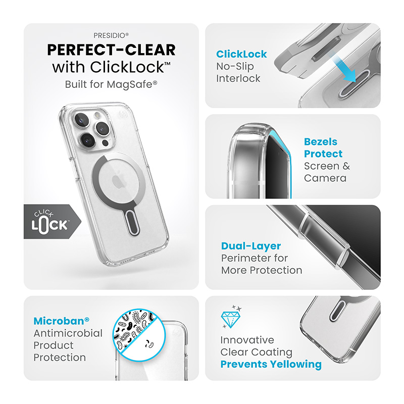 coque iphone 15 pro presidio perfect clear clicklock magsafe speck argent
