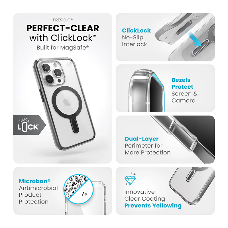 coque iphone 15 pro presidio perfect clear clicklock magsafe speck noir givré
