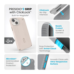 coque iphone 15 plus presidio2 grip clicklock magsafe speck beige
