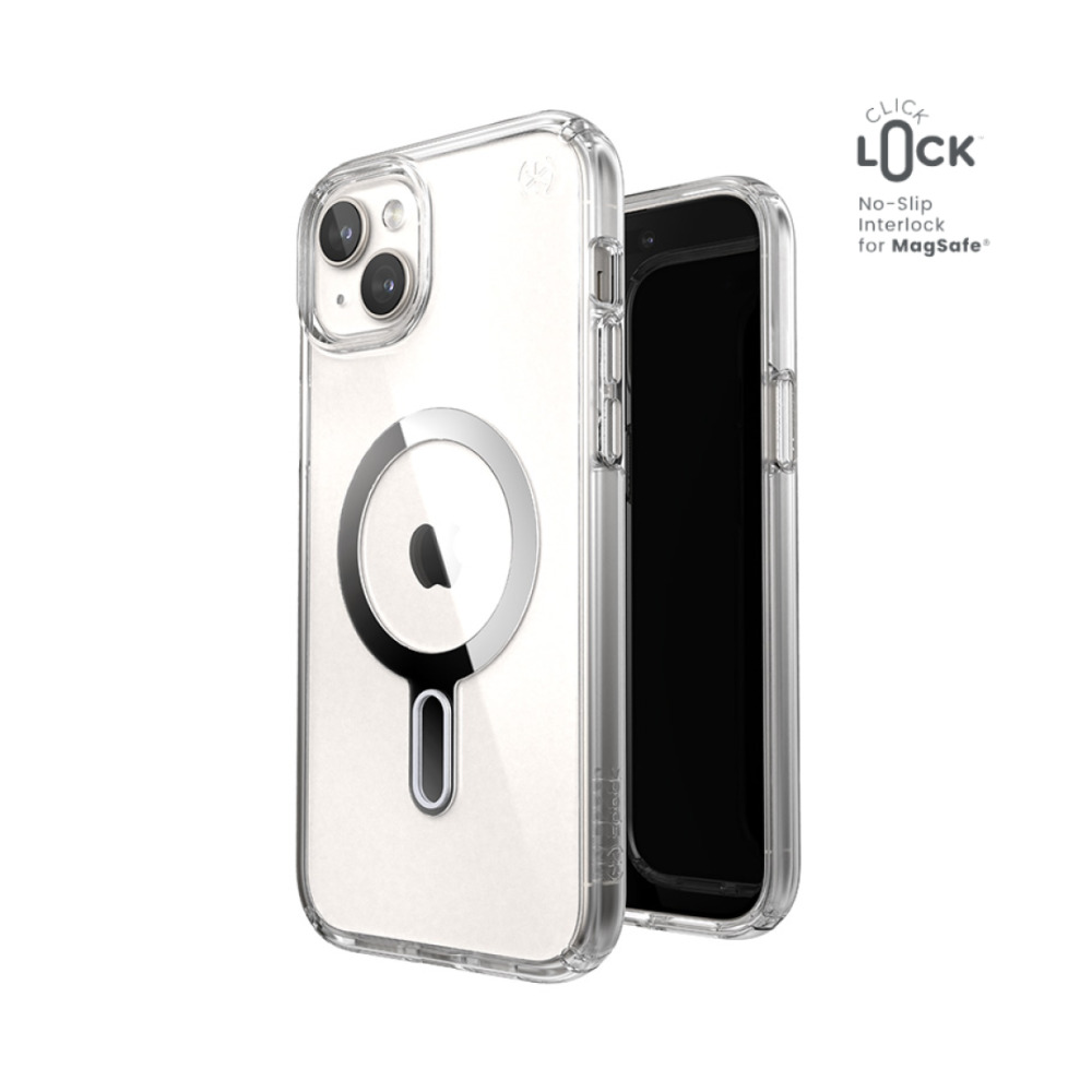 coque iphone 15 plus presidio perfect clear clicklock magsafe speck argent