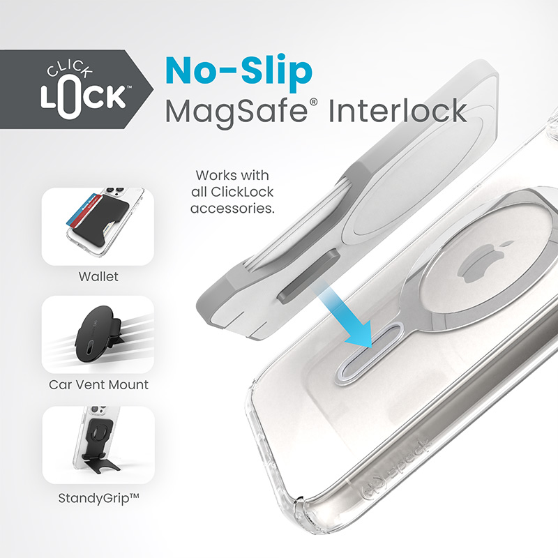 coque iphone 15 plus presidio perfect clear clicklock magsafe speck argent