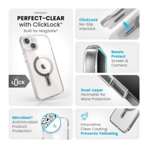 coque iphone 15 plus presidio perfect clear clicklock magsafe speck argent