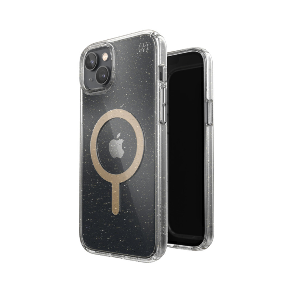 coque iphone 15 plus presidio perfect clear glitter magsafe speck paillettes dorées