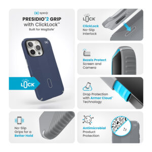 coque iphone 16 pro presidio2 grip speck bleu côtier dust gray