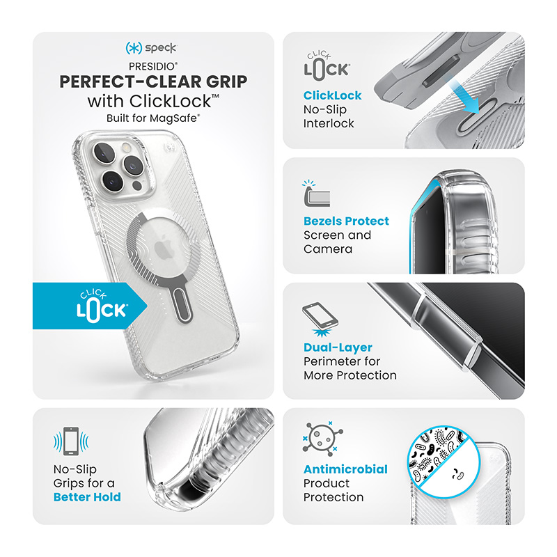 coque iphone 16 pro max presidio perfect clear speck transparent serene silver