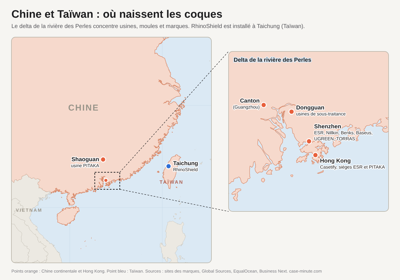 Carte de la Chine et de Taïwan montrant les villes où sont fabriquées les coques : Shenzhen, Dongguan, Canton, Hong Kong, Shaoguan et Taichung