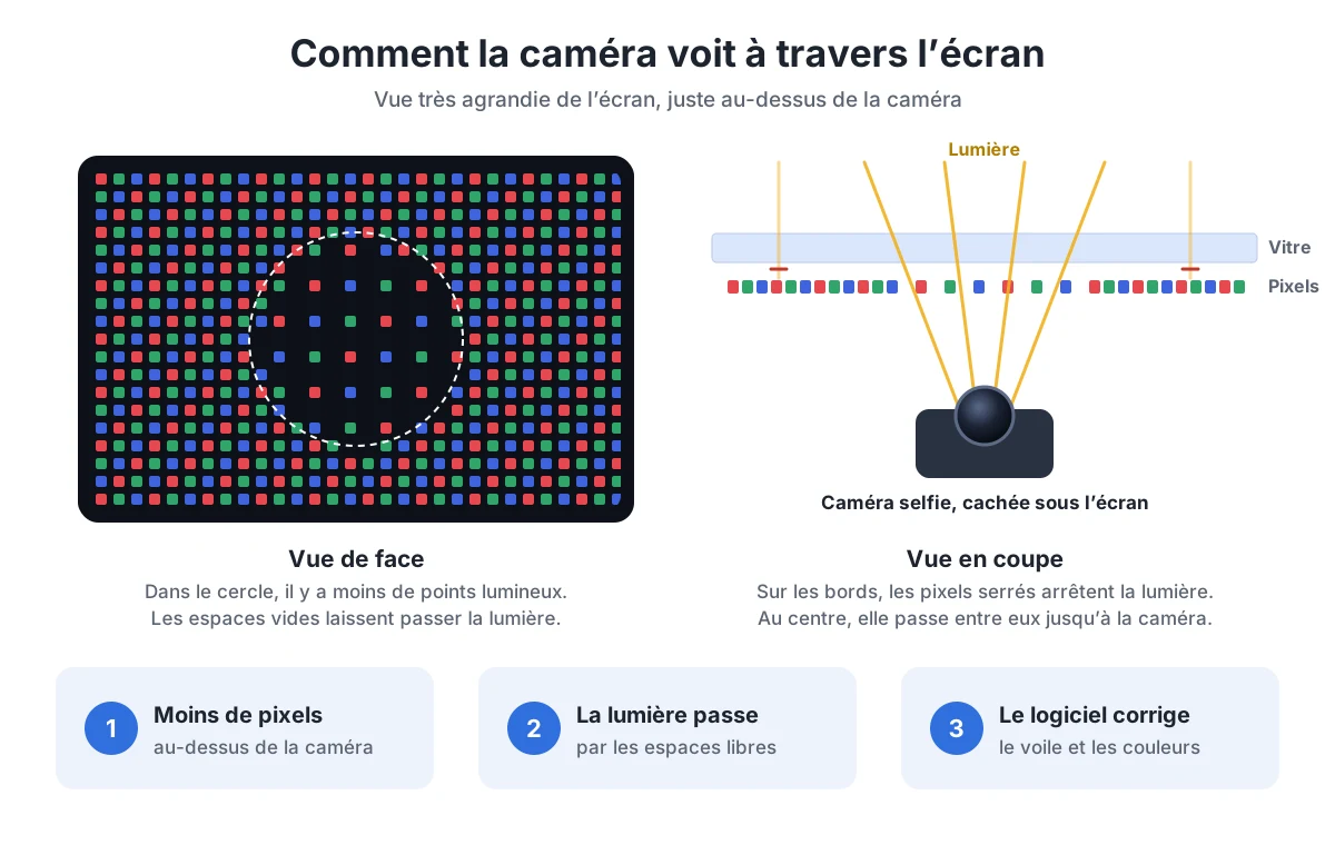 Schéma montrant les pixels plus espacés au-dessus de la caméra et la lumière qui passe entre eux jusqu'à l'objectif
