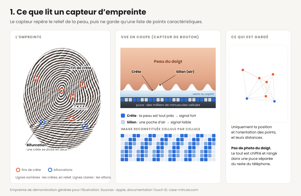 Empreinte digitale avec ses points caractéristiques (fins de crête, bifurcations, centre), vue en coupe d'un capteur de bouton et modèle de points enregistré par le téléphone