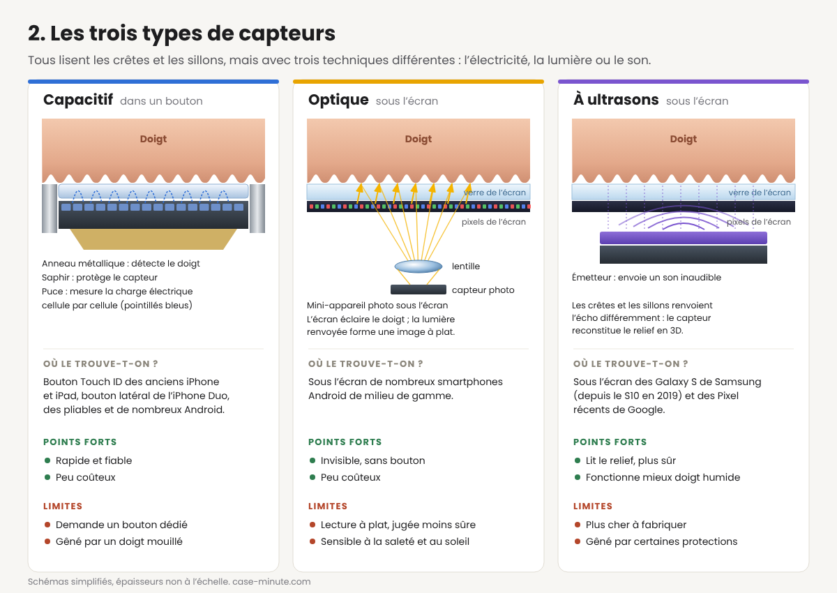 Comparaison en coupe des trois types de capteurs d'empreinte : capacitif dans un bouton, optique sous l'écran avec lentille et capteur photo, à ultrasons sous l'écran avec émetteur et écho