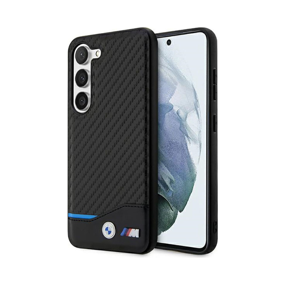 Coque Galaxy S23+ BMW Leather Carbon Blue Line noire