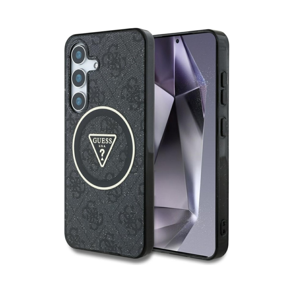 Coque Galaxy S25 Guess 4G Glitter Triangle Buttons MagSafe noire