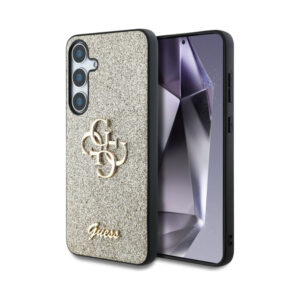 Coque Galaxy S25 Guess Fixed Glitter Big 4G Metal Logo dorée