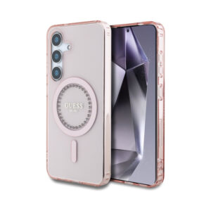 Coque Galaxy S25 Guess Rhinestones Printed Classic Logo MagSafe rose
