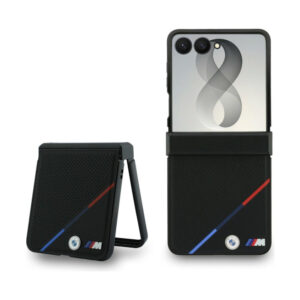 Coque Galaxy Z Flip 8 BMW M Leather Perforated Tricolor Stripe Metal Logos MagSafe - Samsung noire