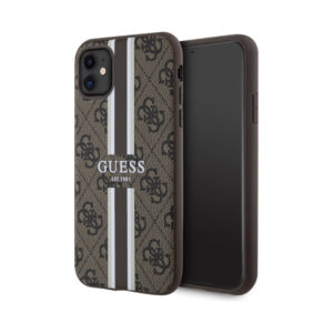Coque iPhone 11 Guess 4G Printed Stripes MagSafe brune