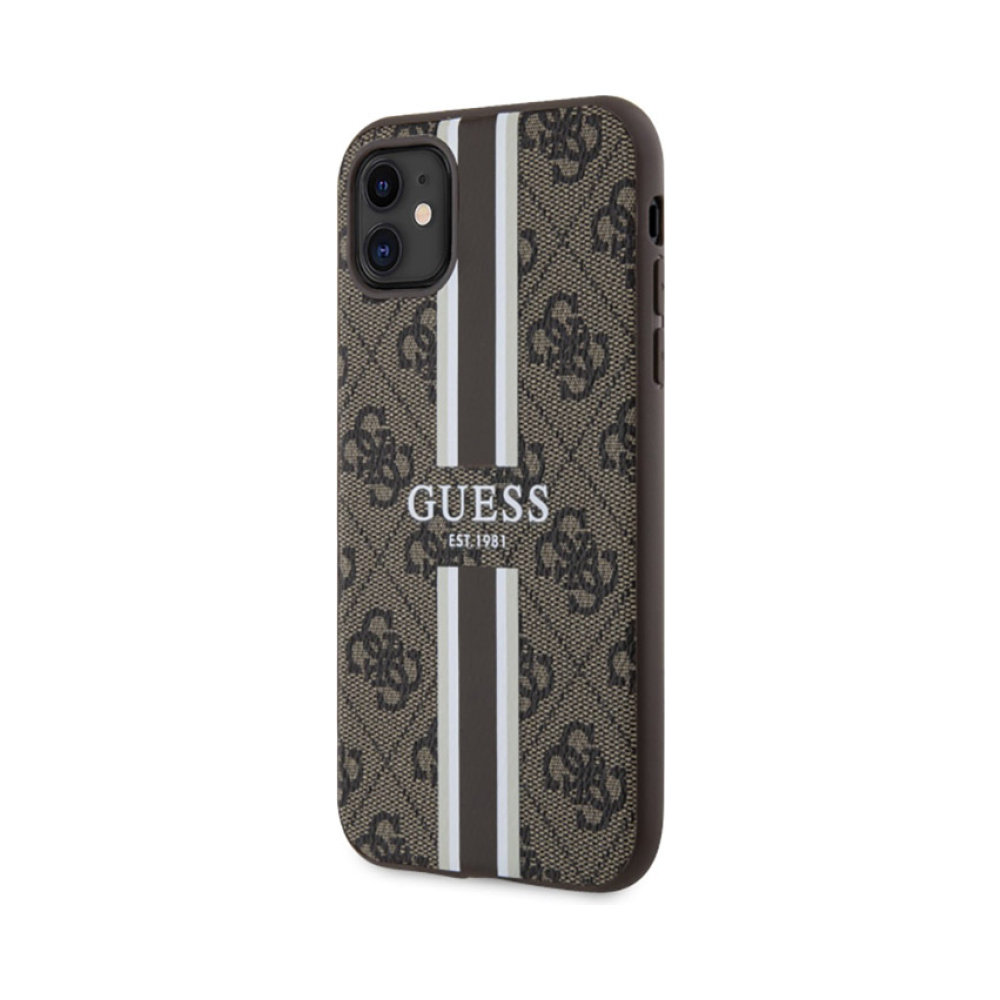 Coque iPhone 11 Guess 4G Printed Stripes MagSafe brune — visuel 2