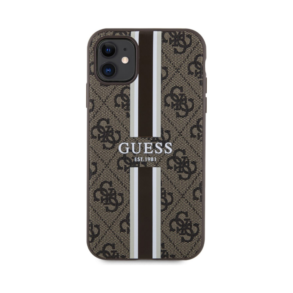 Coque iPhone 11 Guess 4G Printed Stripes MagSafe brune — visuel 3