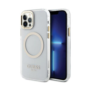 Coque iPhone 12 et iPhone 12 Pro Guess Metal Outline MagSafe transparente et dorée