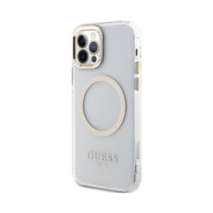 Coque iPhone 12 et iPhone 12 Pro Guess Metal Outline MagSafe transparente et dorée — visuel 2
