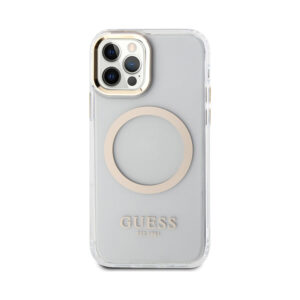 Coque iPhone 12 et iPhone 12 Pro Guess Metal Outline MagSafe transparente et dorée — visuel 3
