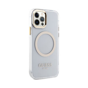 Coque iPhone 12 et iPhone 12 Pro Guess Metal Outline MagSafe transparente et dorée — visuel 4
