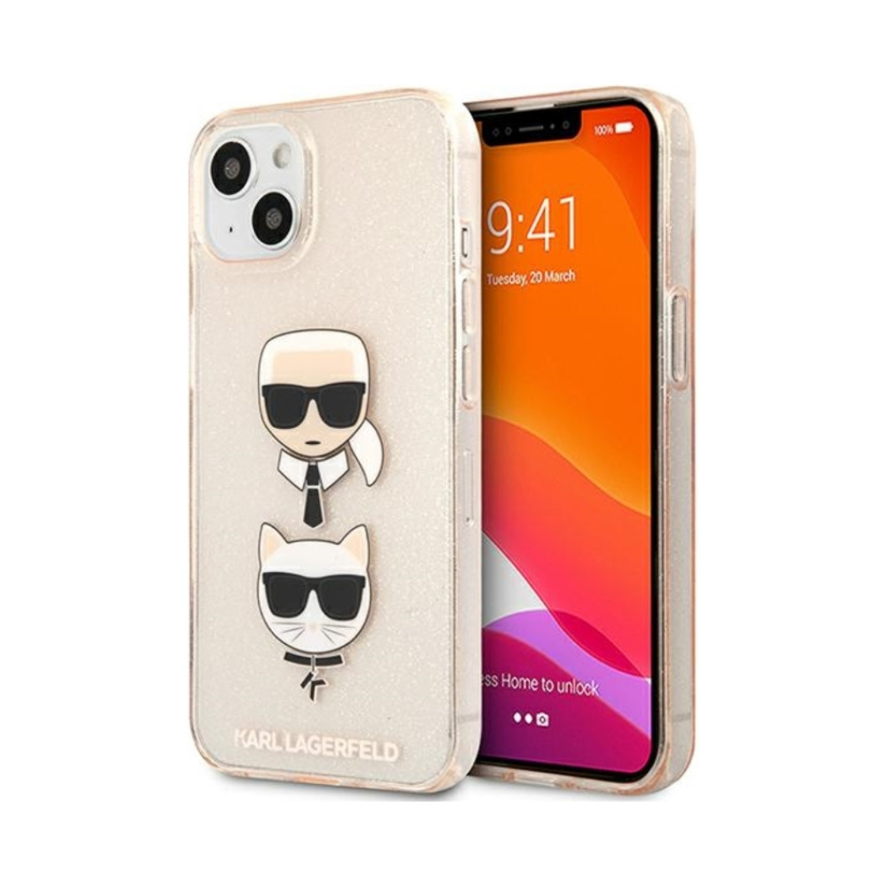 Coque iPhone 13 mini Karl Lagerfeld Glitter Karl & Choupette Head dorée