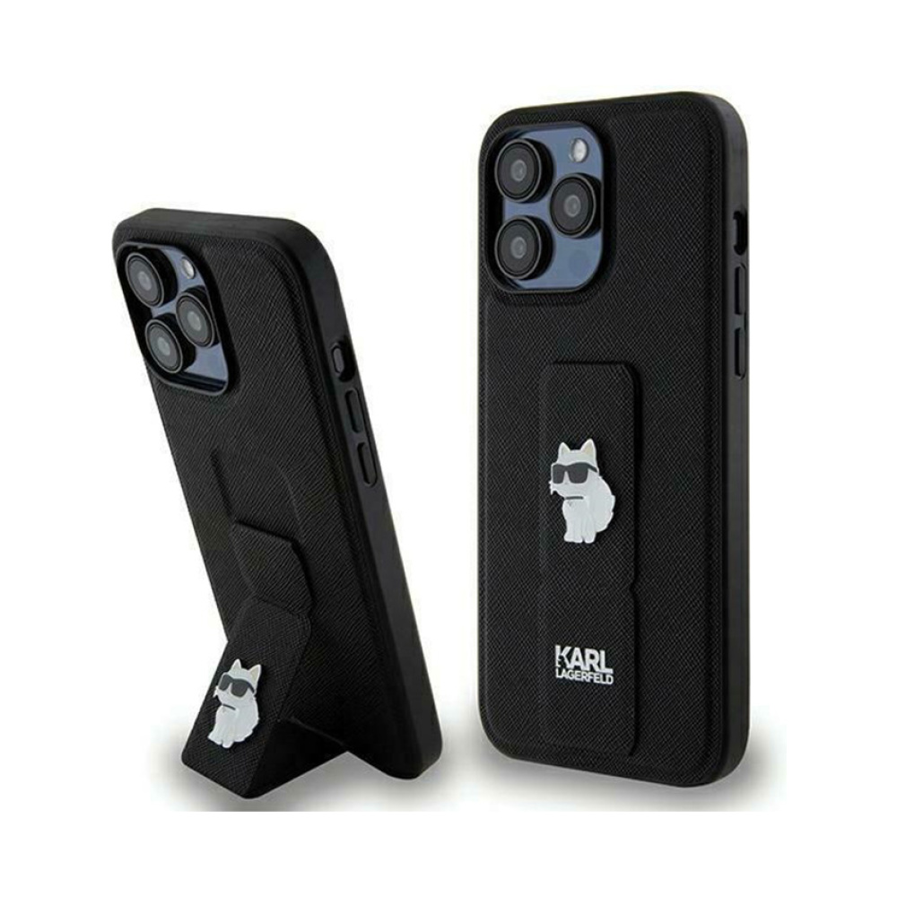 Coque iPhone 13 Pro Karl Lagerfeld Gripstand Saffiano Choupette Pins noire