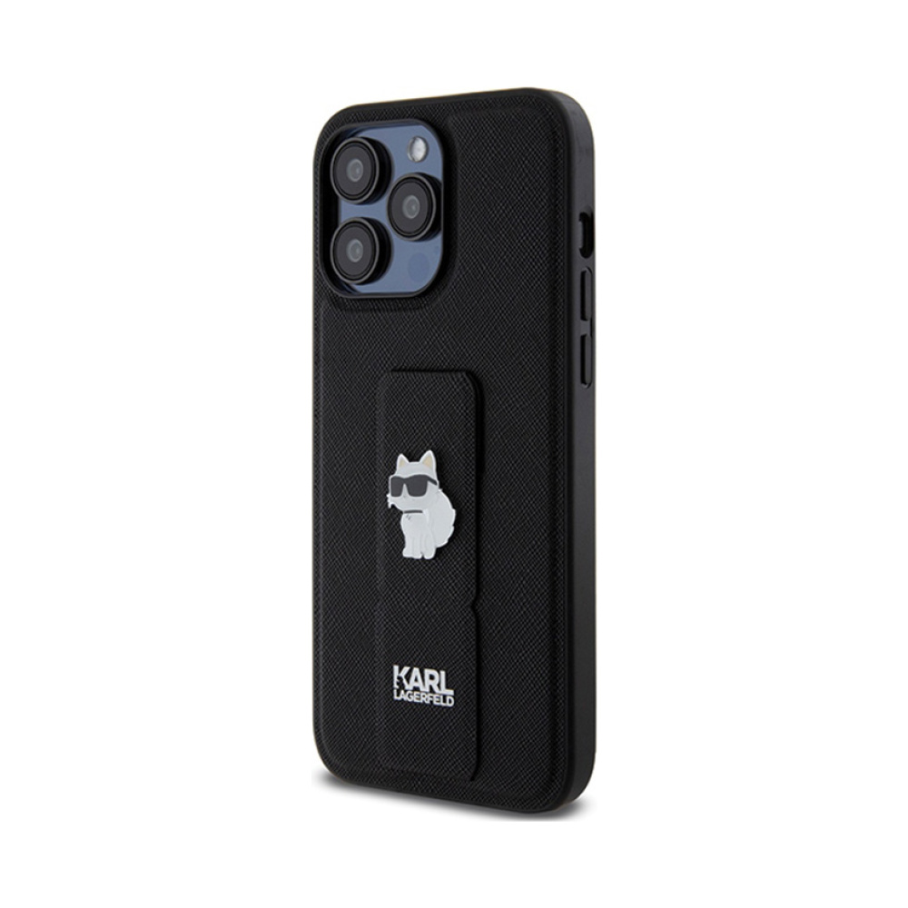 Coque iPhone 13 Pro Karl Lagerfeld Gripstand Saffiano Choupette Pins noire — visuel 2
