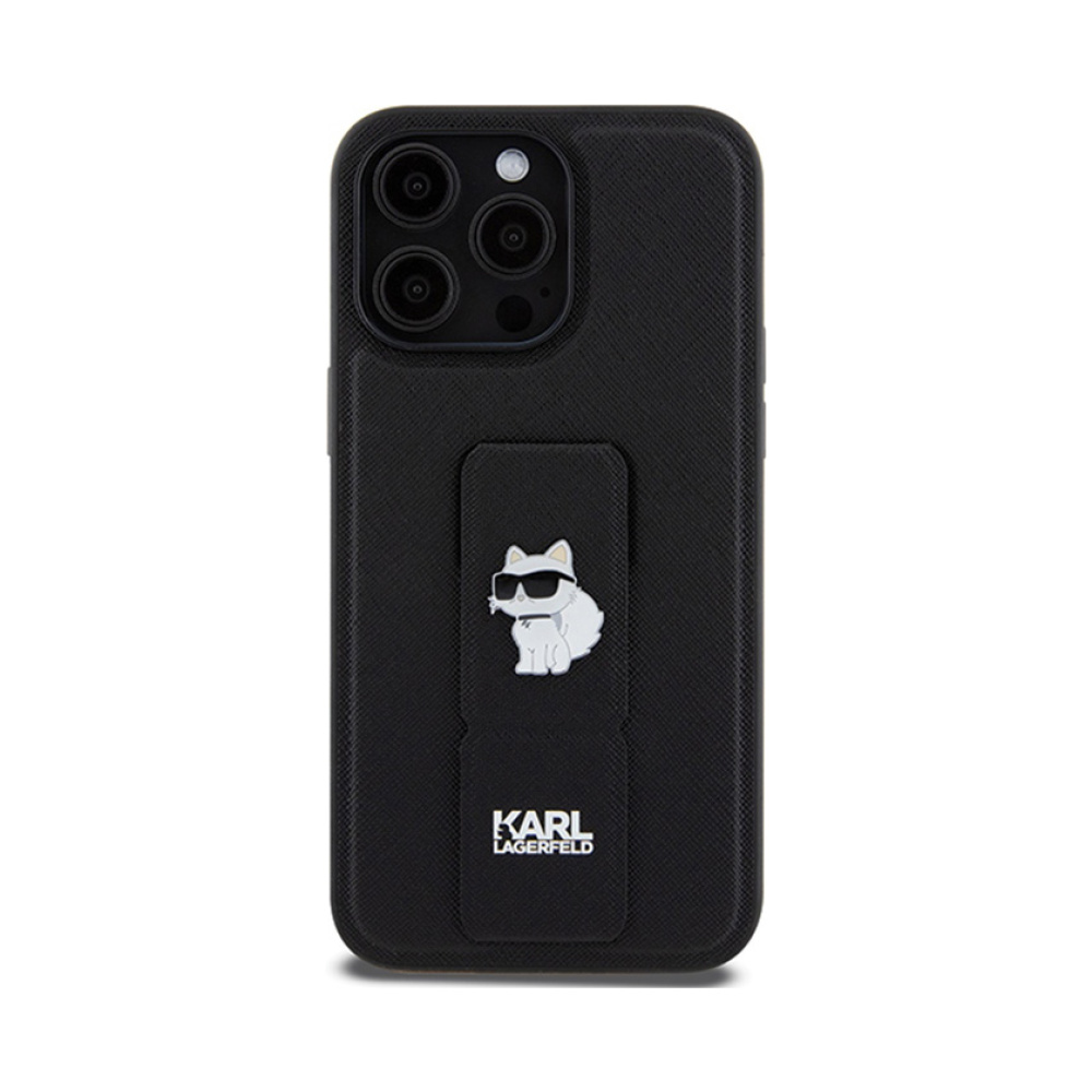 Coque iPhone 13 Pro Karl Lagerfeld Gripstand Saffiano Choupette Pins noire — visuel 3