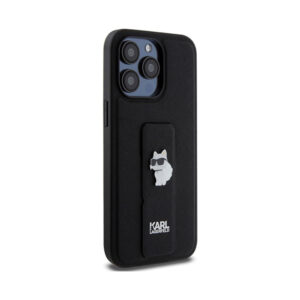 Coque iPhone 13 Pro Karl Lagerfeld Gripstand Saffiano Choupette Pins noire — visuel 4