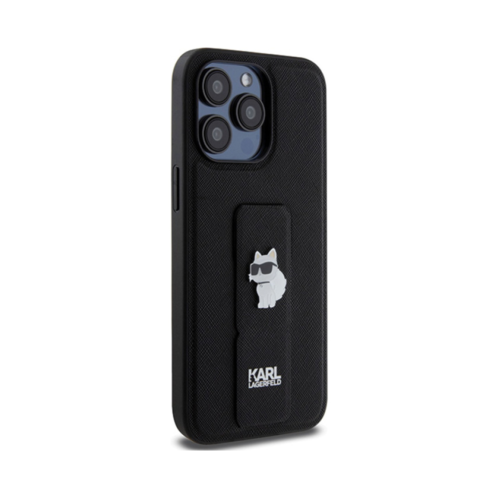 Coque iPhone 13 Pro Karl Lagerfeld Gripstand Saffiano Choupette Pins noire — visuel 4