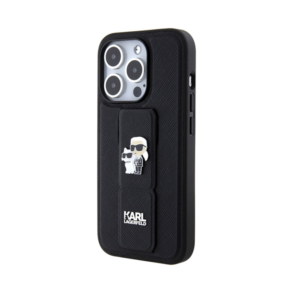 Coque iPhone 13 Pro Karl Lagerfeld Gripstand Saffiano Karl & Choupette Pins noire — visuel 2