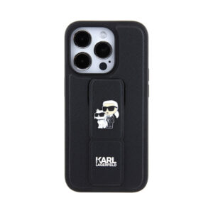Coque iPhone 13 Pro Karl Lagerfeld Gripstand Saffiano Karl & Choupette Pins noire — visuel 3