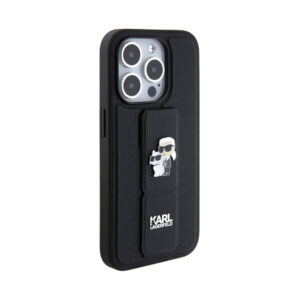 Coque iPhone 13 Pro Karl Lagerfeld Gripstand Saffiano Karl & Choupette Pins noire — visuel 4