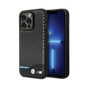 Coque iPhone 13 Pro Max BMW Leather Carbon Blue Line noire