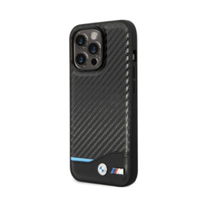 Coque iPhone 13 Pro Max BMW Leather Carbon Blue Line noire — visuel 2