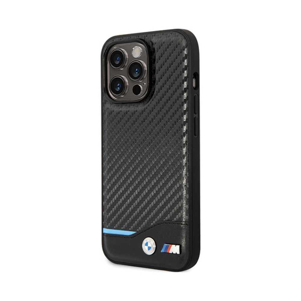 Coque iPhone 13 Pro Max BMW Leather Carbon Blue Line noire — visuel 2
