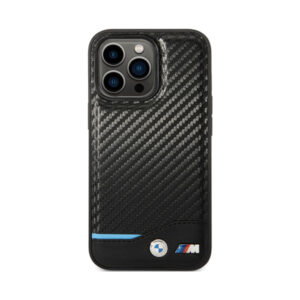 Coque iPhone 13 Pro Max BMW Leather Carbon Blue Line noire — visuel 3