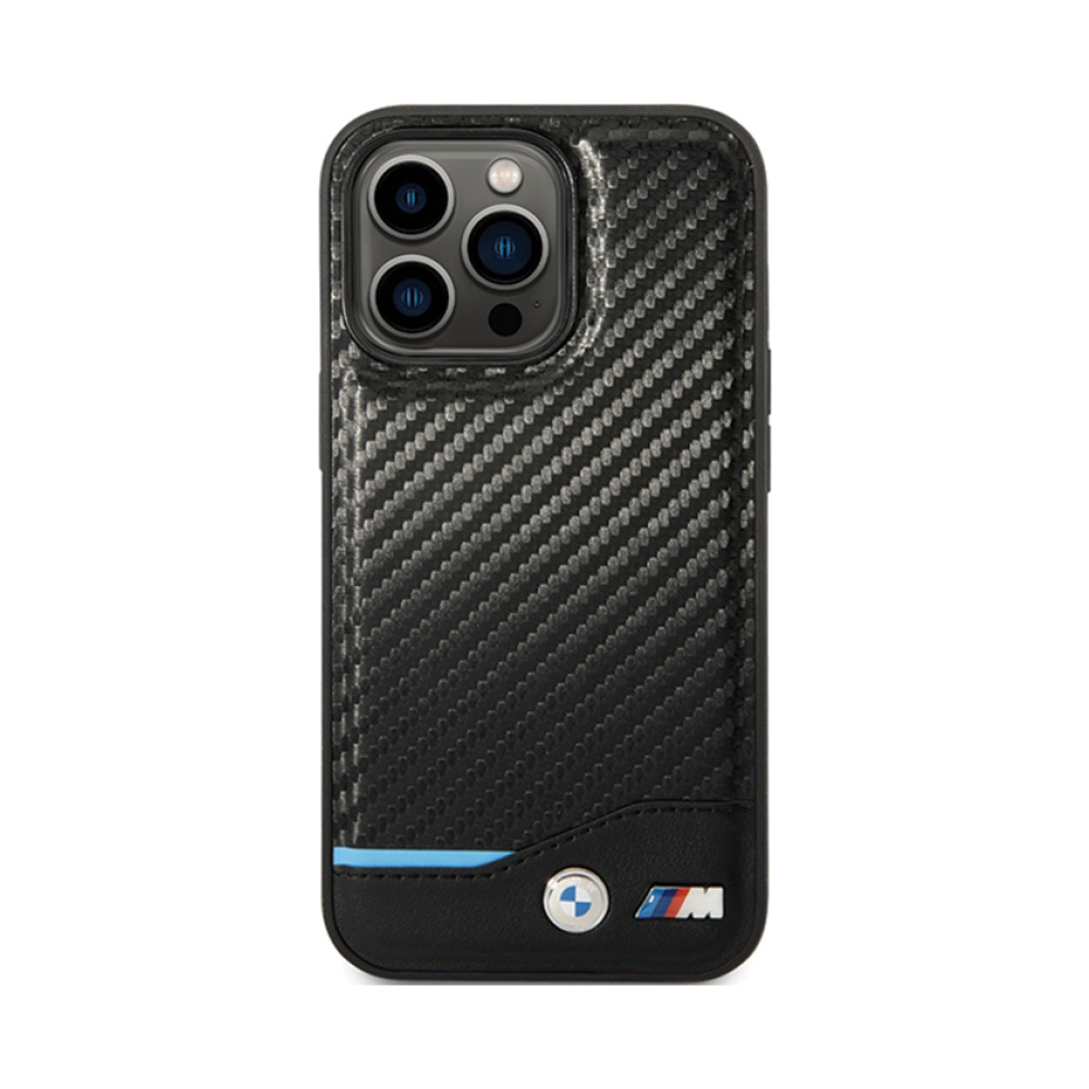 Coque iPhone 13 Pro Max BMW Leather Carbon Blue Line noire — visuel 3