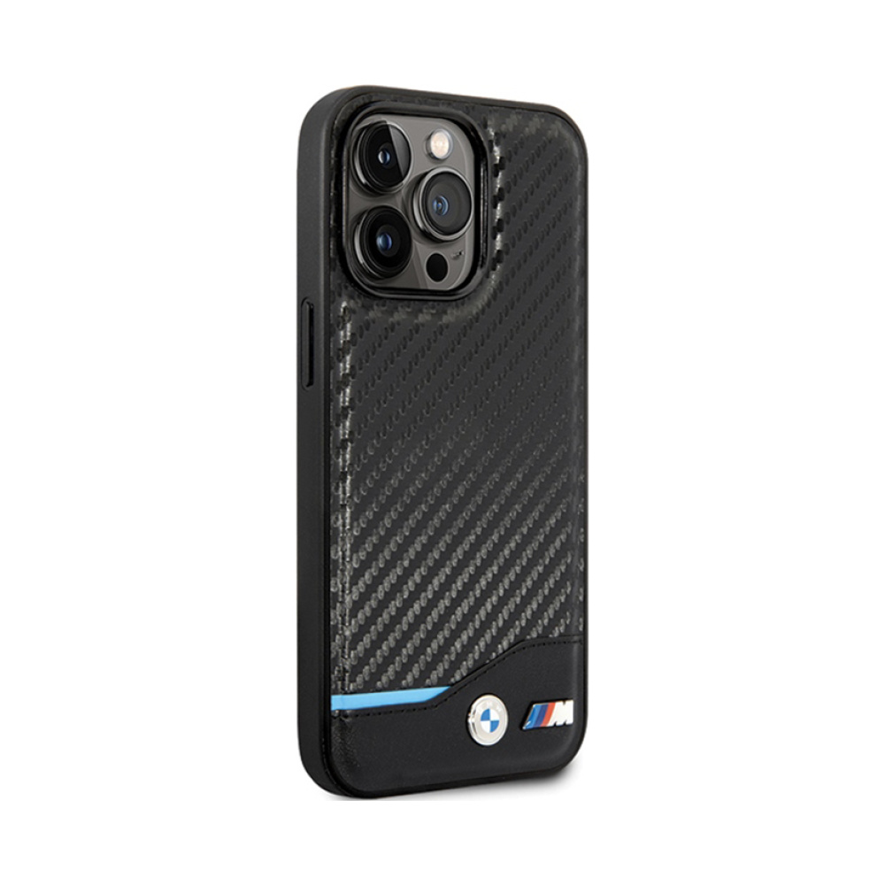 Coque iPhone 13 Pro Max BMW Leather Carbon Blue Line noire — visuel 4